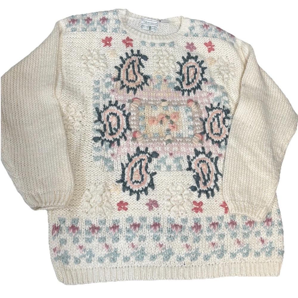 Shenanigans Medium Hand Knit Chunky Sweater Floral Grandma‎ Cottagecore Vintage